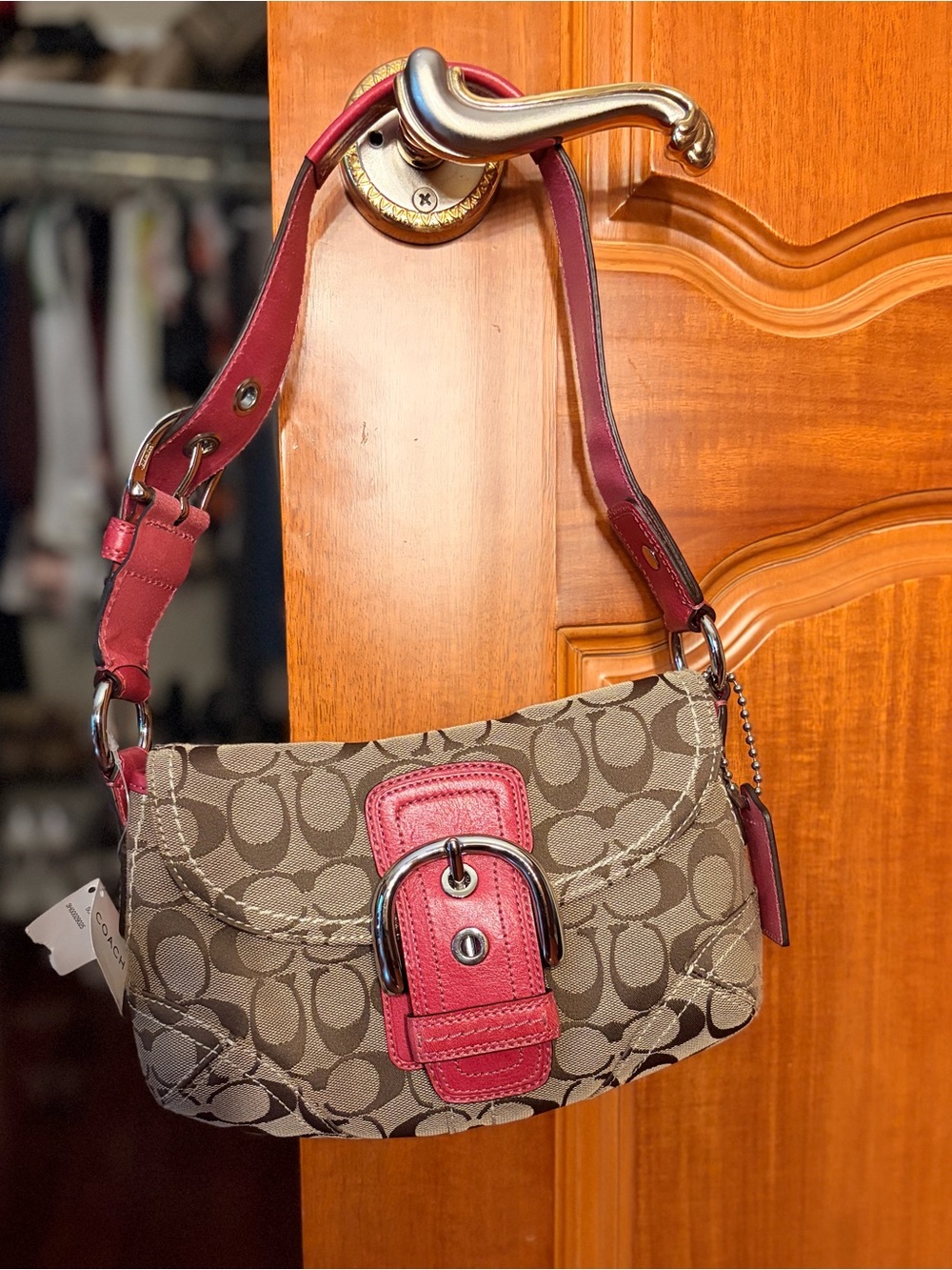Coach Signature Canvas Shoulder Bag with Pink Leather Trim